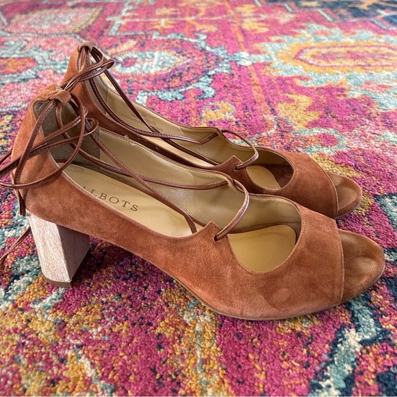 Talbots | Women’s rust brown suede leather peep toe ankle tie Hilary heels, sz 9 - Picture 2 of 14